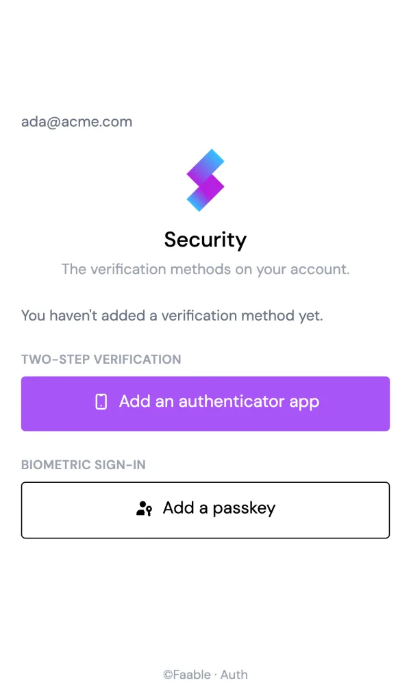 The security methods screen (mobile)