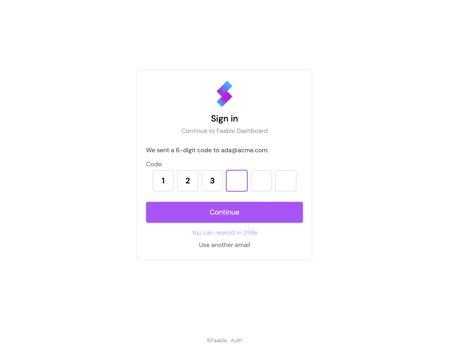 The hosted sign-in screen asking for the emailed code (desktop)