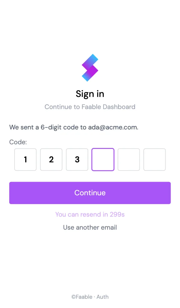 The hosted sign-in screen asking for the emailed code (mobile)